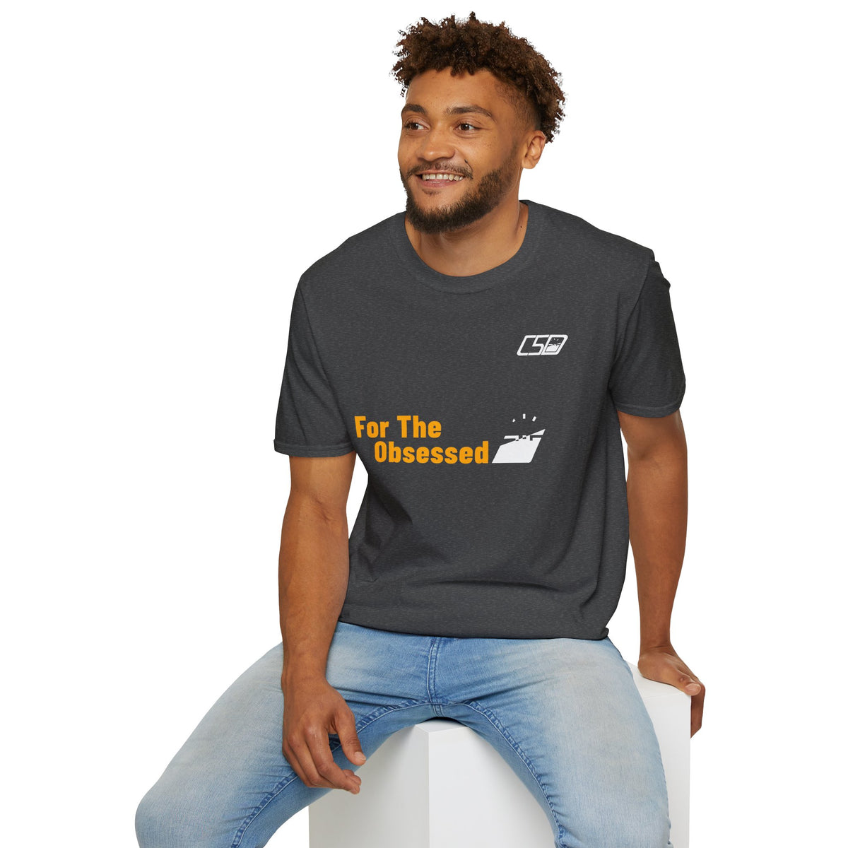 For The Obsessed t-shirt, Dark Heather, worn seated