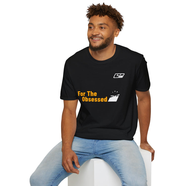 For The Obsessed t-shirt, Black, worn seated