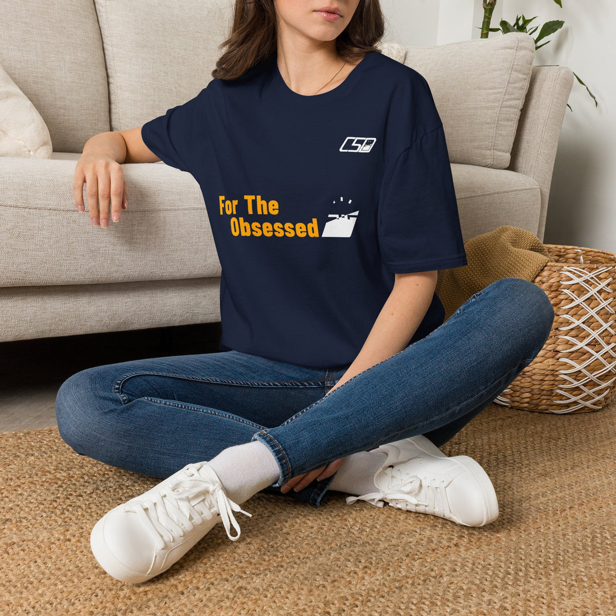For The Obsessed t-shirt, Navy, worn seated on floor
