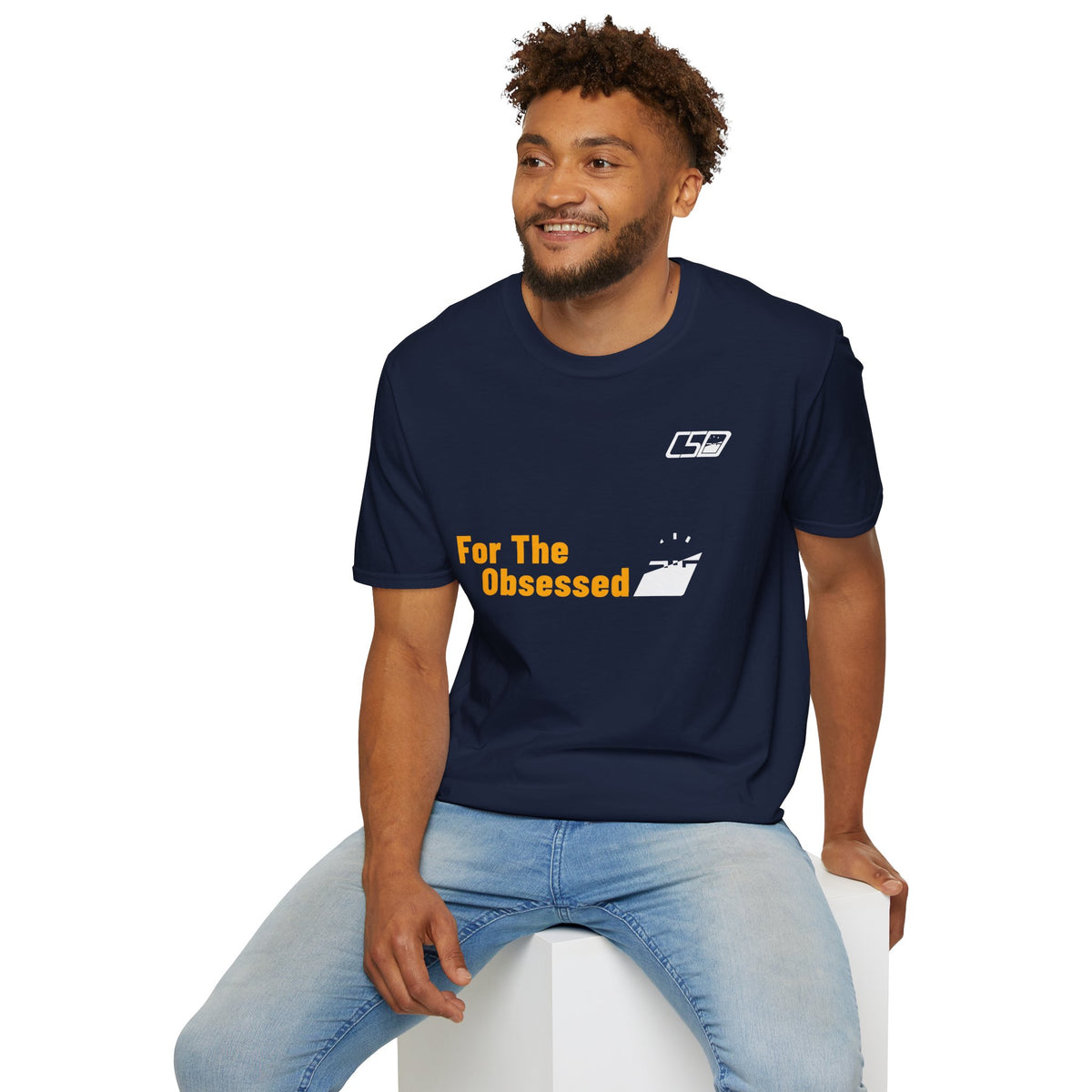 For The Obsessed t-shirt, Navy, worn seated