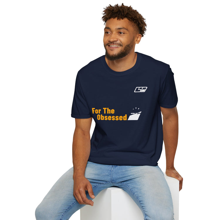 For The Obsessed t-shirt, Navy, worn seated