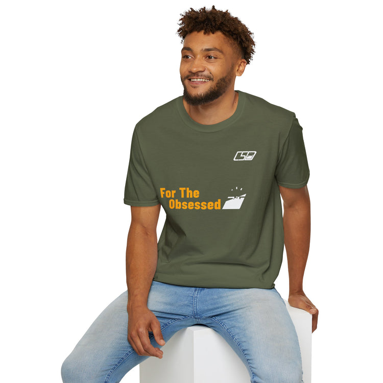 For The Obsessed t-shirt, Military Green, worn seated