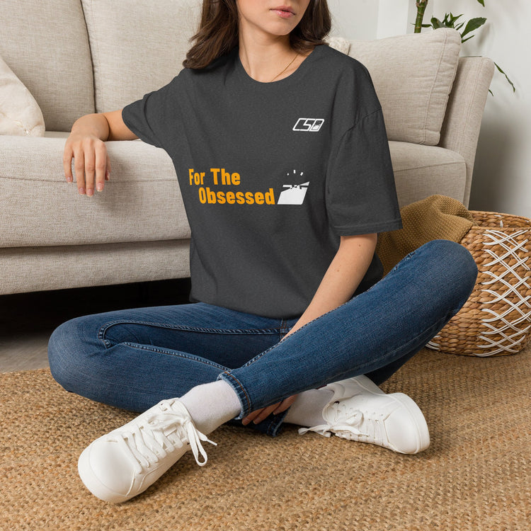 For The Obsessed t-shirt, Dark Heather, worn seated on floor
