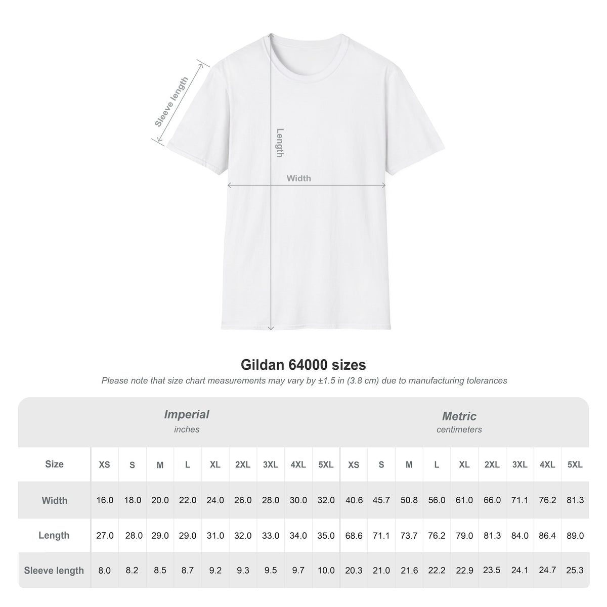 For The Obsessed t-shirt size chart, Gildan 64000 measurements