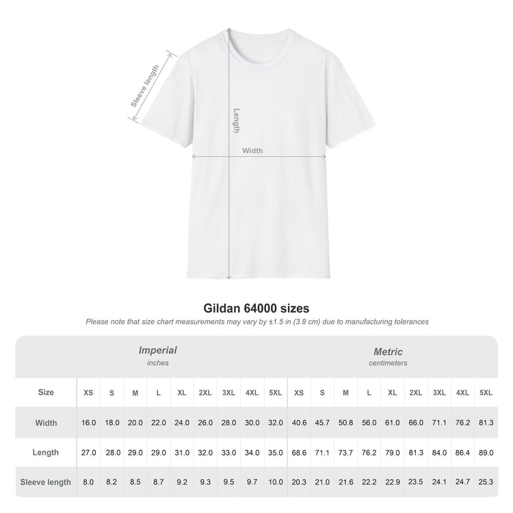 For The Obsessed t-shirt size chart, Gildan 64000 measurements