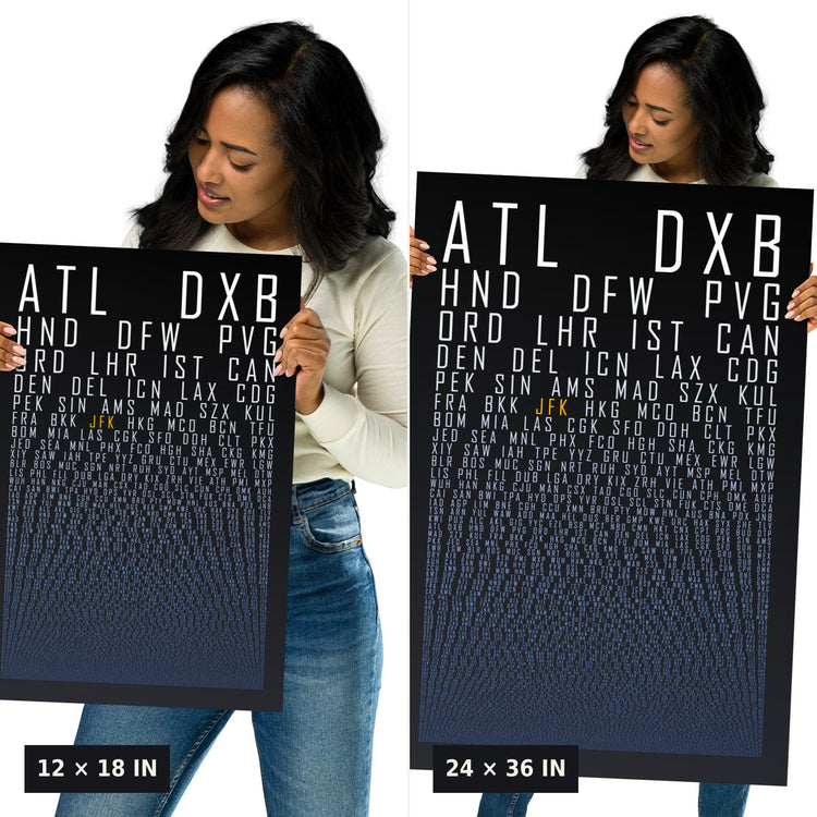 HUBS World's Busiest Airports poster, Black Graphite, 12x18 vs 24x36 size comparison, held