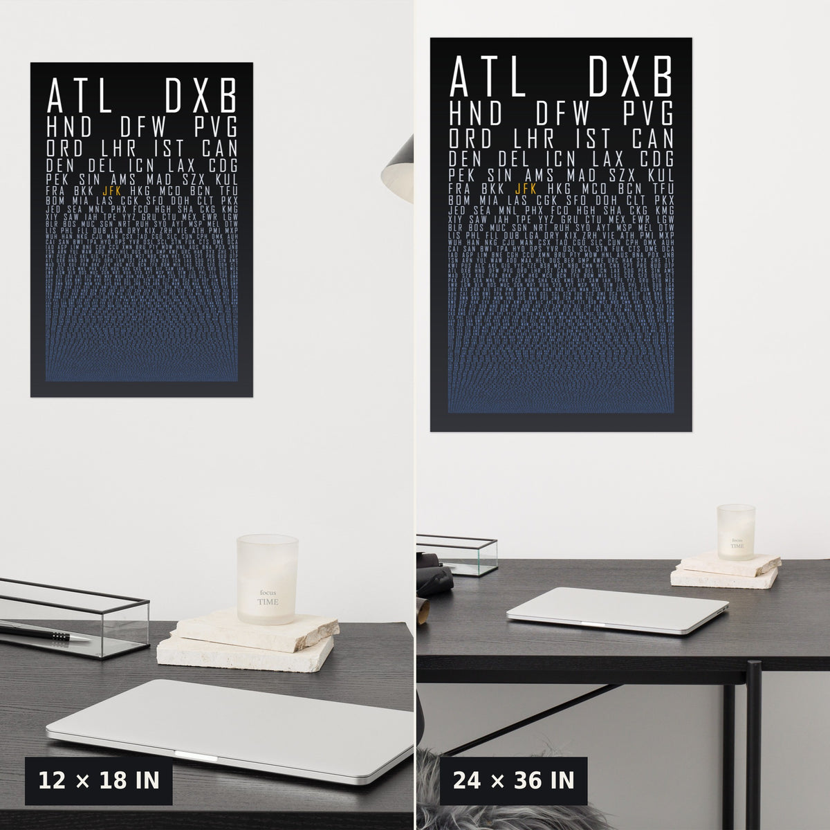 HUBS World's Busiest Airports poster, Black Graphite, 12x18 vs 24x36 size comparison above a desk