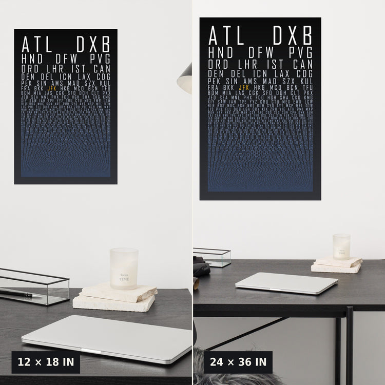 HUBS World's Busiest Airports poster, Black Graphite, 12x18 vs 24x36 size comparison above a desk