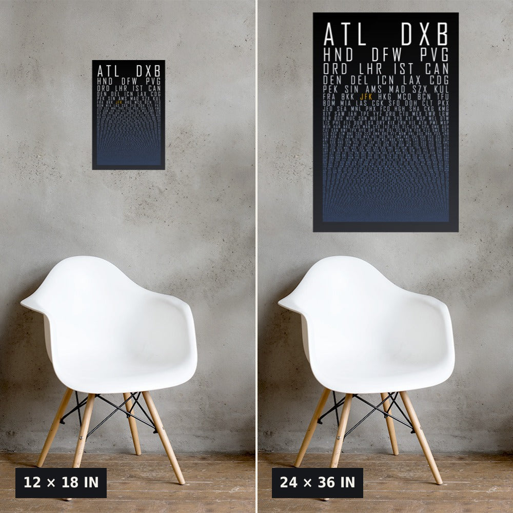 HUBS World's Busiest Airports poster, Black Graphite, 12x18 vs 24x36 size comparison on a concrete wall