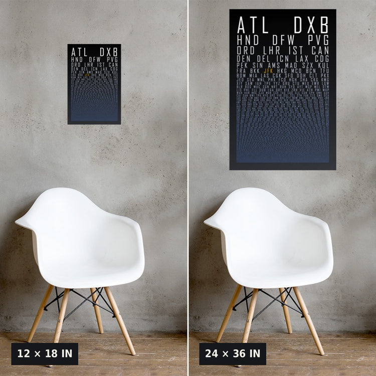 HUBS World's Busiest Airports poster, Black Graphite, 12x18 vs 24x36 size comparison on a concrete wall