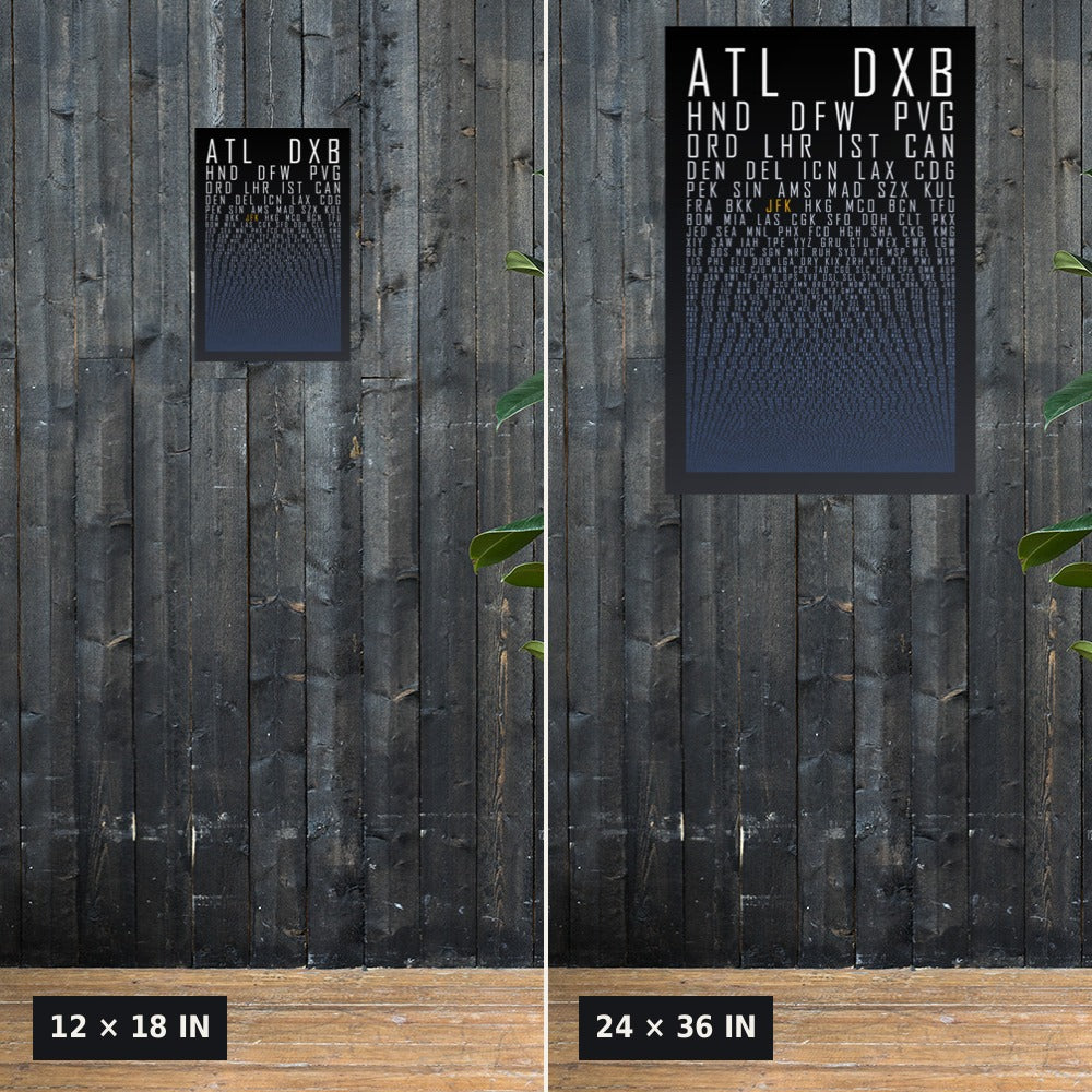 HUBS World's Busiest Airports poster, Black Graphite, 12x18 vs 24x36 size comparison on a dark wood wall