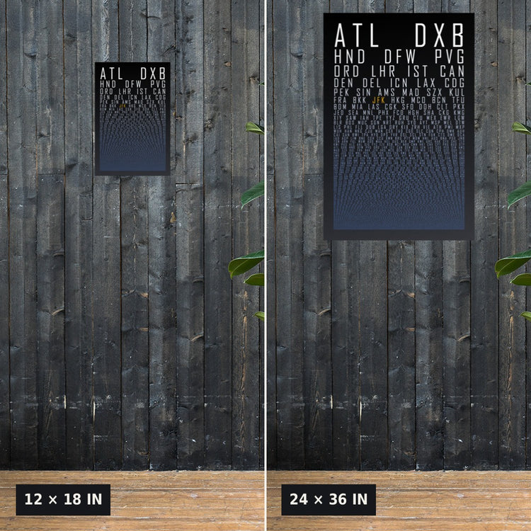 HUBS World's Busiest Airports poster, Black Graphite, 12x18 vs 24x36 size comparison on a dark wood wall