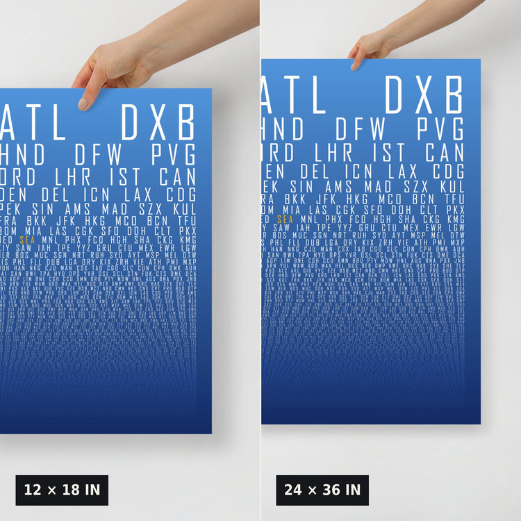 HUBS World's Busiest Airports poster, Cloudless, 12x18 vs 24x36 size comparison, held
