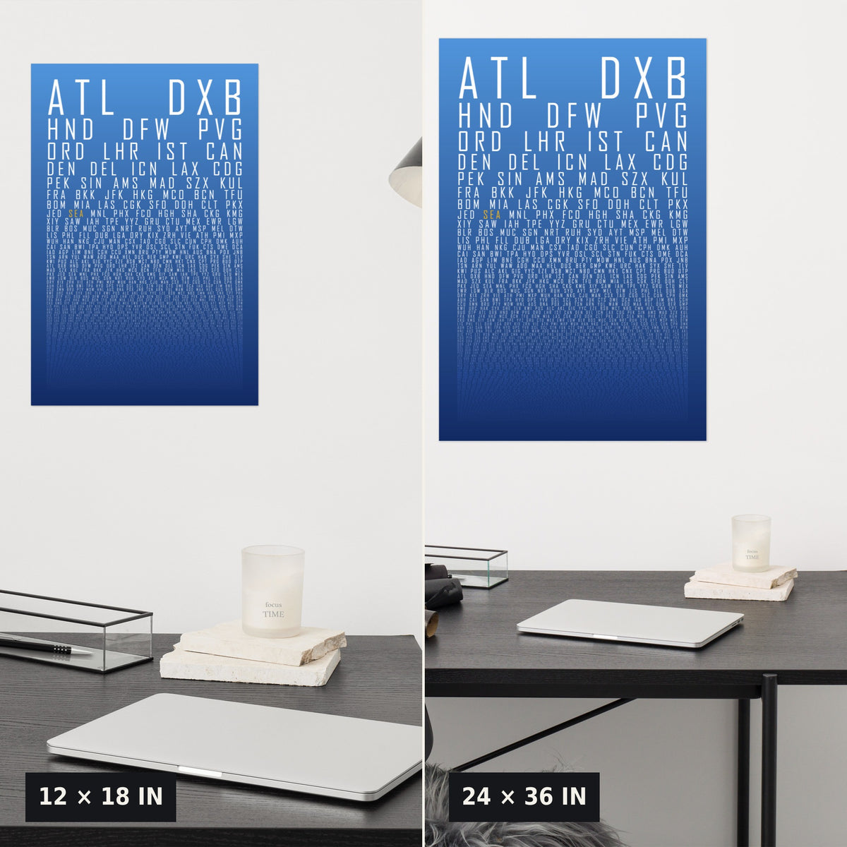HUBS World's Busiest Airports poster, Cloudless, 12x18 vs 24x36 size comparison above a desk