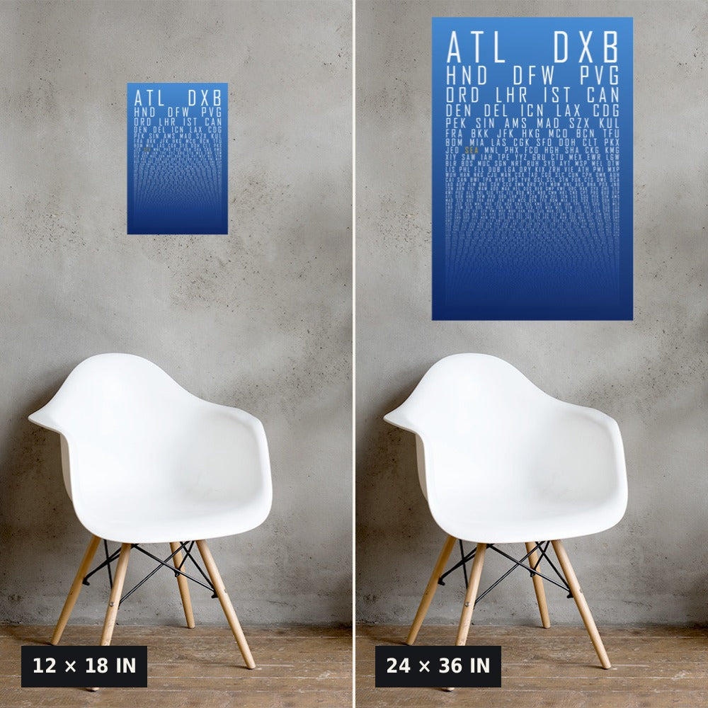 HUBS World's Busiest Airports poster, Cloudless, 12x18 vs 24x36 size comparison on a concrete wall