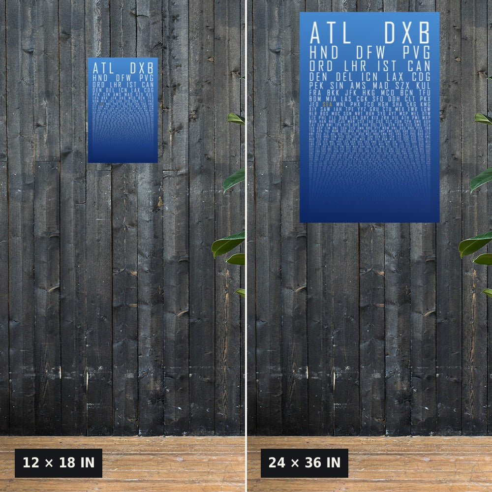 HUBS World's Busiest Airports poster, Cloudless, 12x18 vs 24x36 size comparison on a dark wood wall