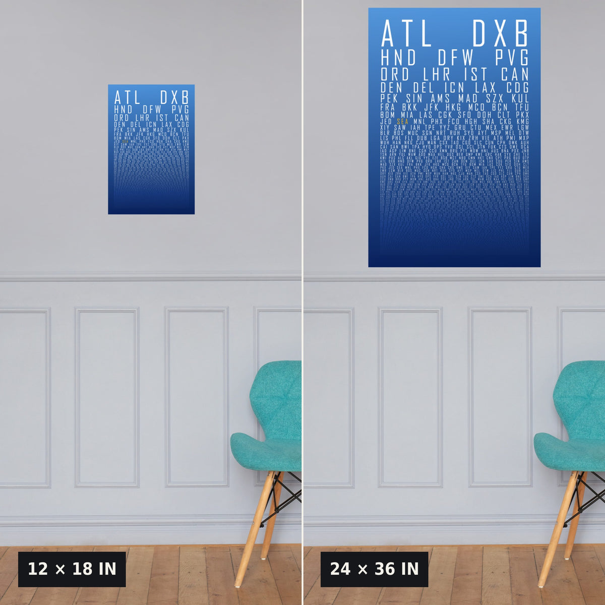 HUBS World's Busiest Airports poster, Cloudless, 12x18 vs 24x36 size comparison above wainscoting
