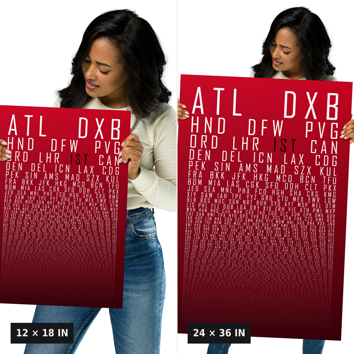 HUBS World's Busiest Airports poster, Red Oxblood, 12x18 vs 24x36 size comparison, held