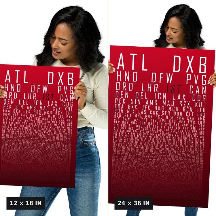HUBS World's Busiest Airports poster, Red Oxblood, 12x18 vs 24x36 size comparison, held