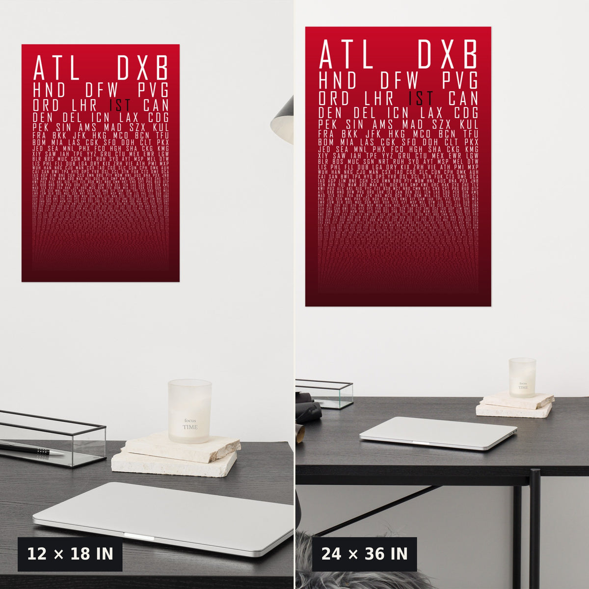 HUBS World's Busiest Airports poster, Red Oxblood, 12x18 vs 24x36 size comparison above a desk