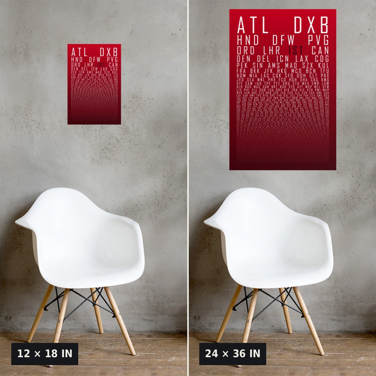 HUBS World's Busiest Airports poster, Red Oxblood, 12x18 vs 24x36 size comparison on a concrete wall