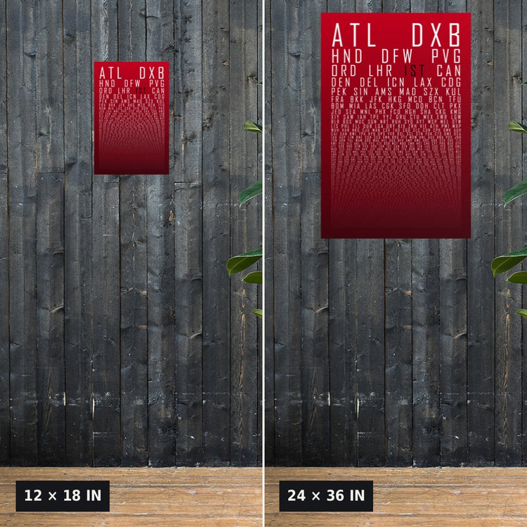 HUBS World's Busiest Airports poster, Red Oxblood, 12x18 vs 24x36 size comparison on a dark wood wall
