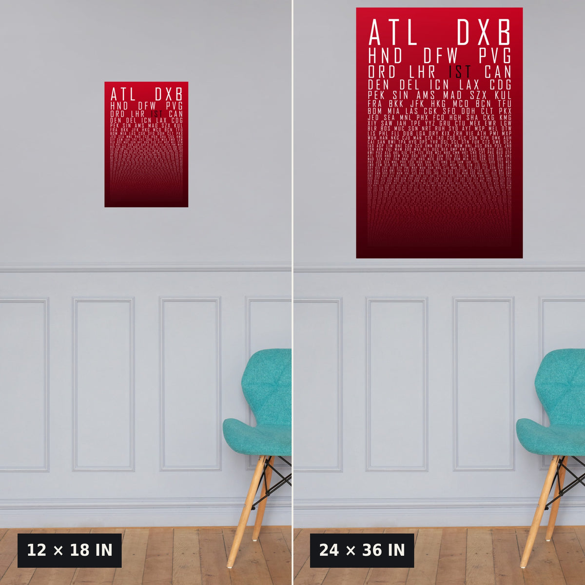 HUBS World's Busiest Airports poster, Red Oxblood, 12x18 vs 24x36 size comparison above wainscoting