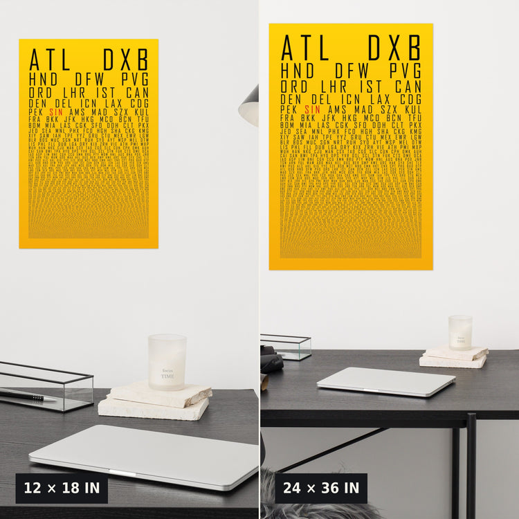 HUBS World's Busiest Airports poster, Sunbeam, 12x18 vs 24x36 size comparison above a desk