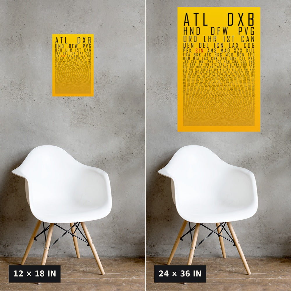 HUBS World's Busiest Airports poster, Sunbeam, 12x18 vs 24x36 size comparison on a concrete wall