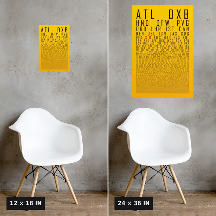 HUBS World's Busiest Airports poster, Sunbeam, 12x18 vs 24x36 size comparison on a concrete wall