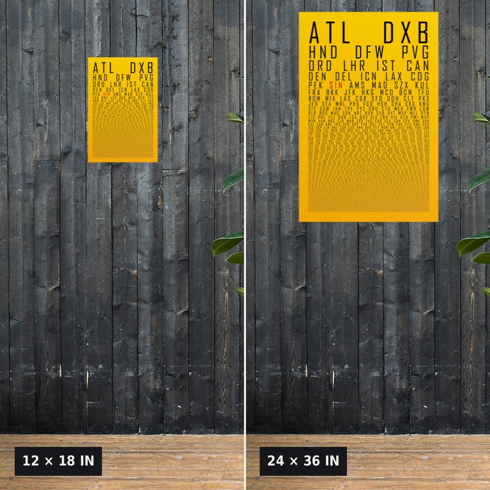 HUBS World's Busiest Airports poster, Sunbeam, 12x18 vs 24x36 size comparison on a dark wood wall