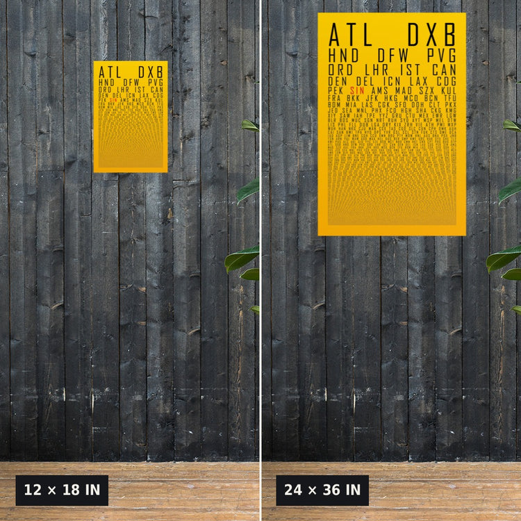 HUBS World's Busiest Airports poster, Sunbeam, 12x18 vs 24x36 size comparison on a dark wood wall