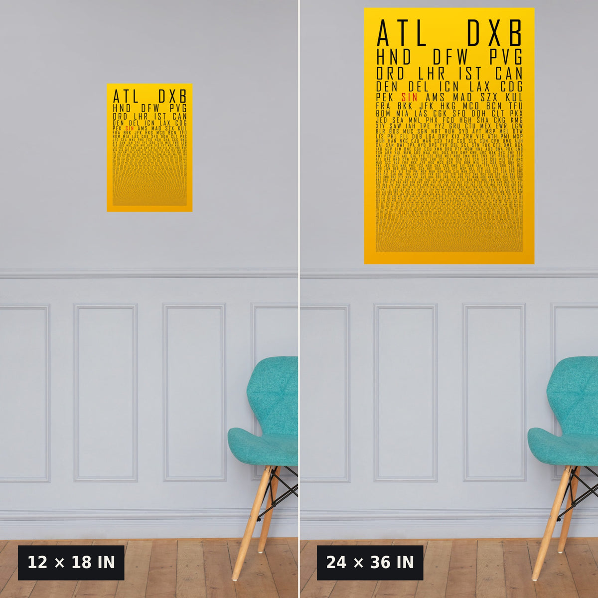 HUBS World's Busiest Airports poster, Sunbeam, 12x18 vs 24x36 size comparison above wainscoting