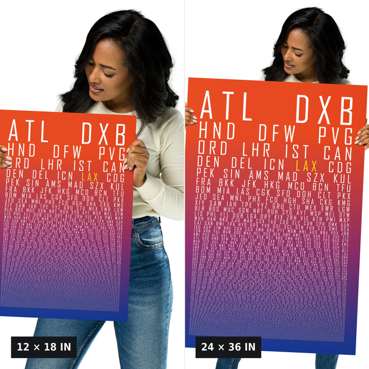 HUBS World's Busiest Airports poster, Sunset, 12x18 vs 24x36 size comparison, held