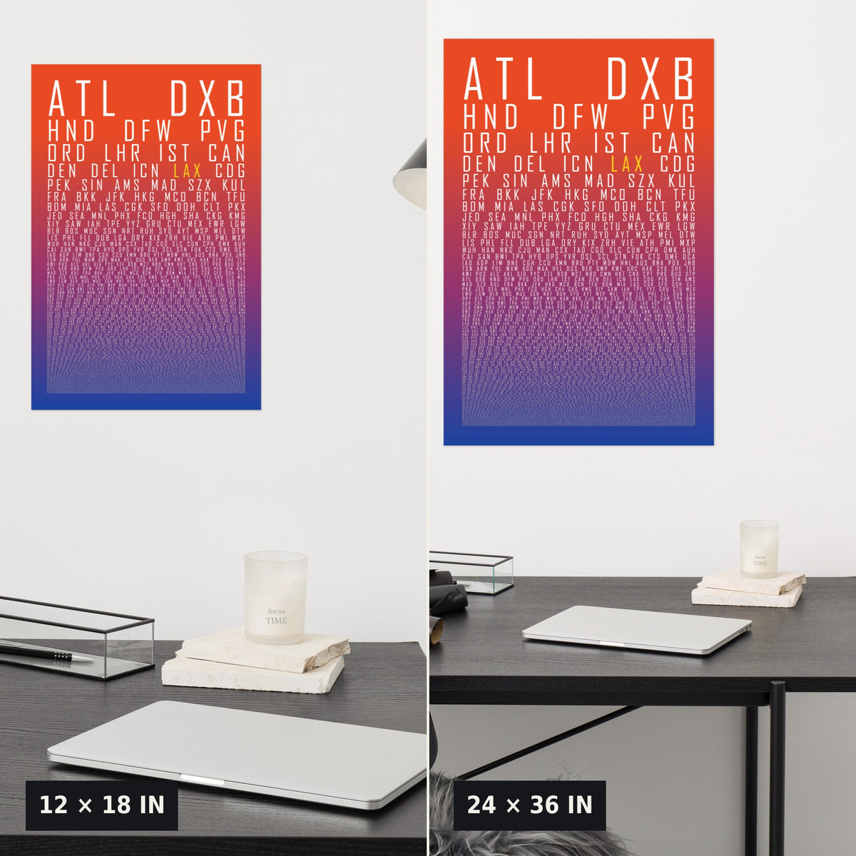 HUBS World's Busiest Airports poster, Sunset, 12x18 vs 24x36 size comparison above a desk