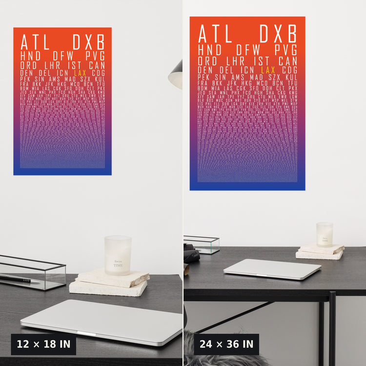 HUBS World's Busiest Airports poster, Sunset, 12x18 vs 24x36 size comparison above a desk