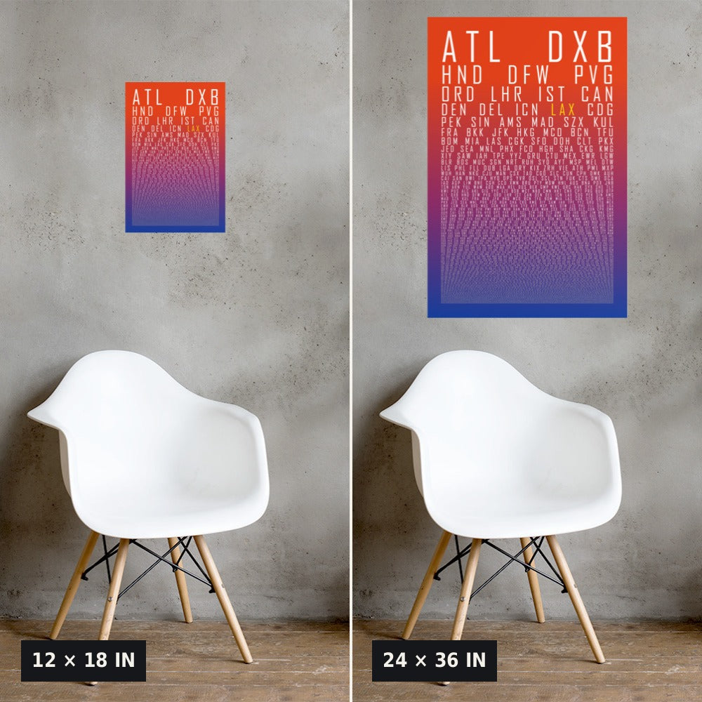 HUBS World's Busiest Airports poster, Sunset, 12x18 vs 24x36 size comparison on a concrete wall