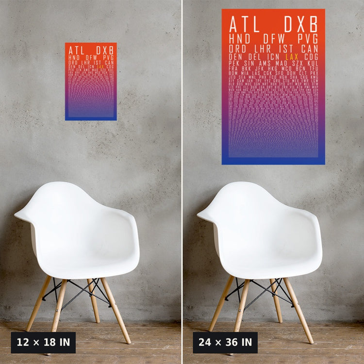 HUBS World's Busiest Airports poster, Sunset, 12x18 vs 24x36 size comparison on a concrete wall