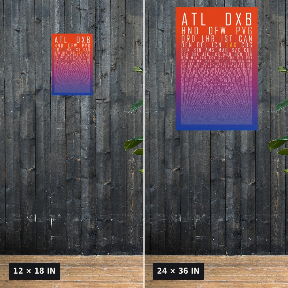 HUBS World's Busiest Airports poster, Sunset, 12x18 vs 24x36 size comparison on a dark wood wall