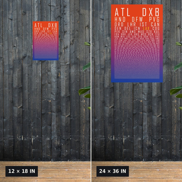 HUBS World's Busiest Airports poster, Sunset, 12x18 vs 24x36 size comparison on a dark wood wall