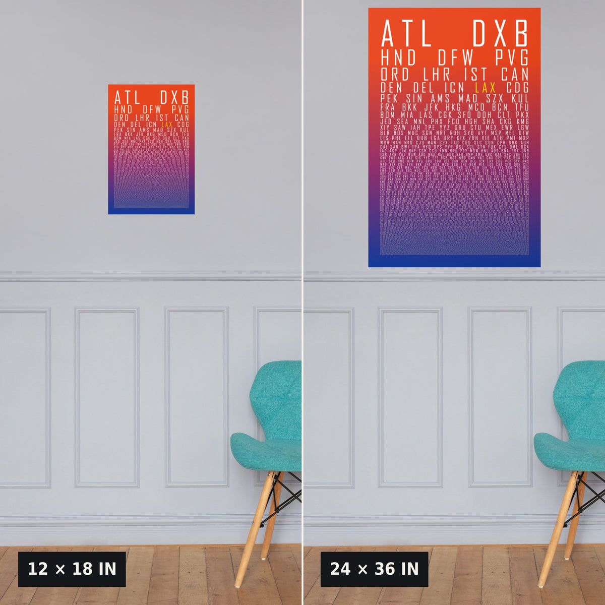 HUBS World's Busiest Airports poster, Sunset, 12x18 vs 24x36 size comparison above wainscoting
