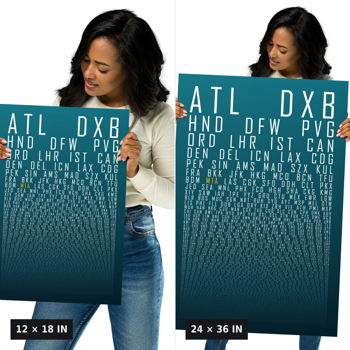 HUBS World's Busiest Airports poster, Teal Ink, 12x18 vs 24x36 size comparison, held