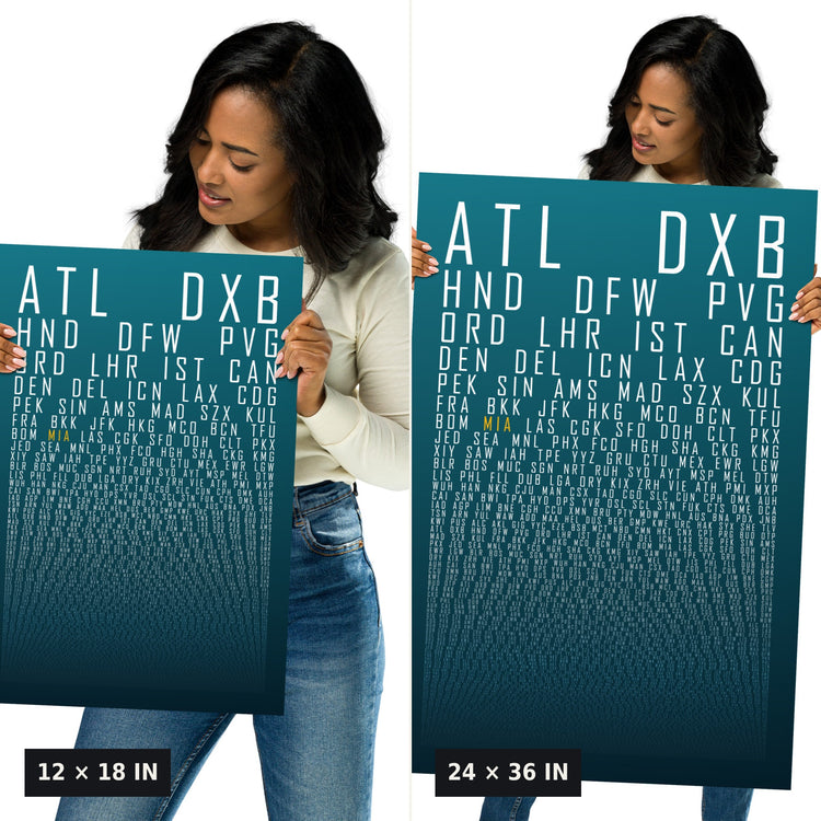 HUBS World's Busiest Airports poster, Teal Ink, 12x18 vs 24x36 size comparison, held