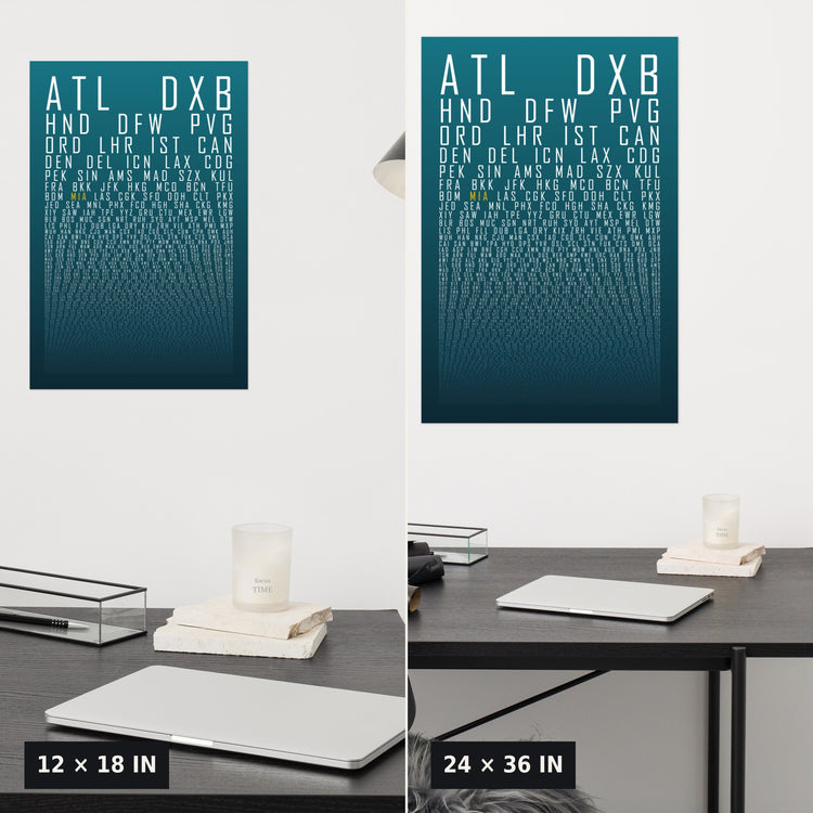 HUBS World's Busiest Airports poster, Teal Ink, 12x18 vs 24x36 size comparison above a desk