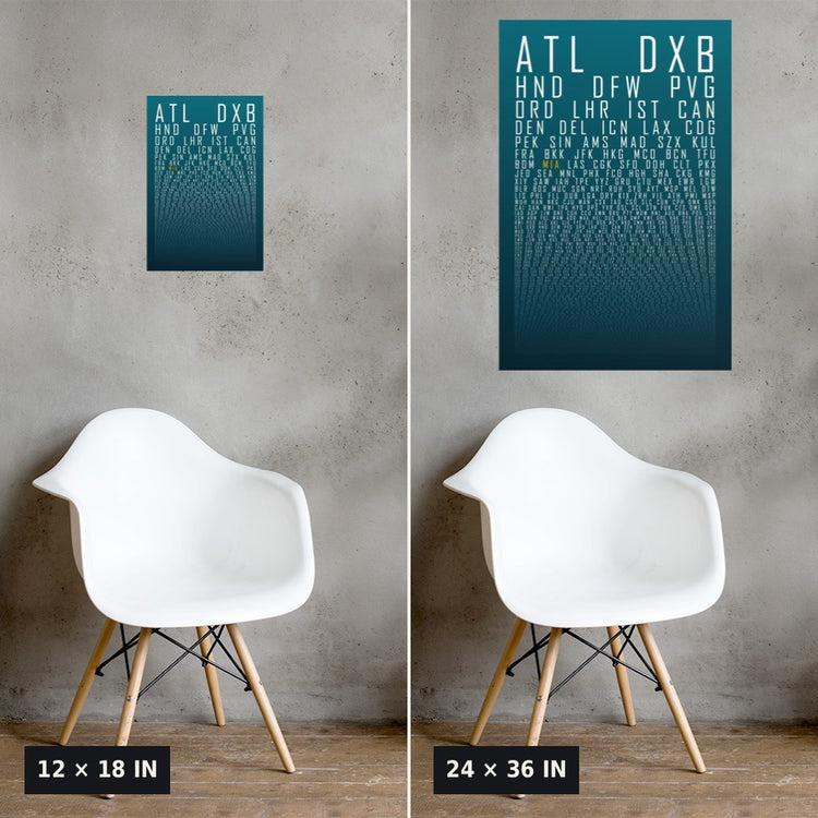 HUBS World's Busiest Airports poster, Teal Ink, 12x18 vs 24x36 size comparison on a concrete wall