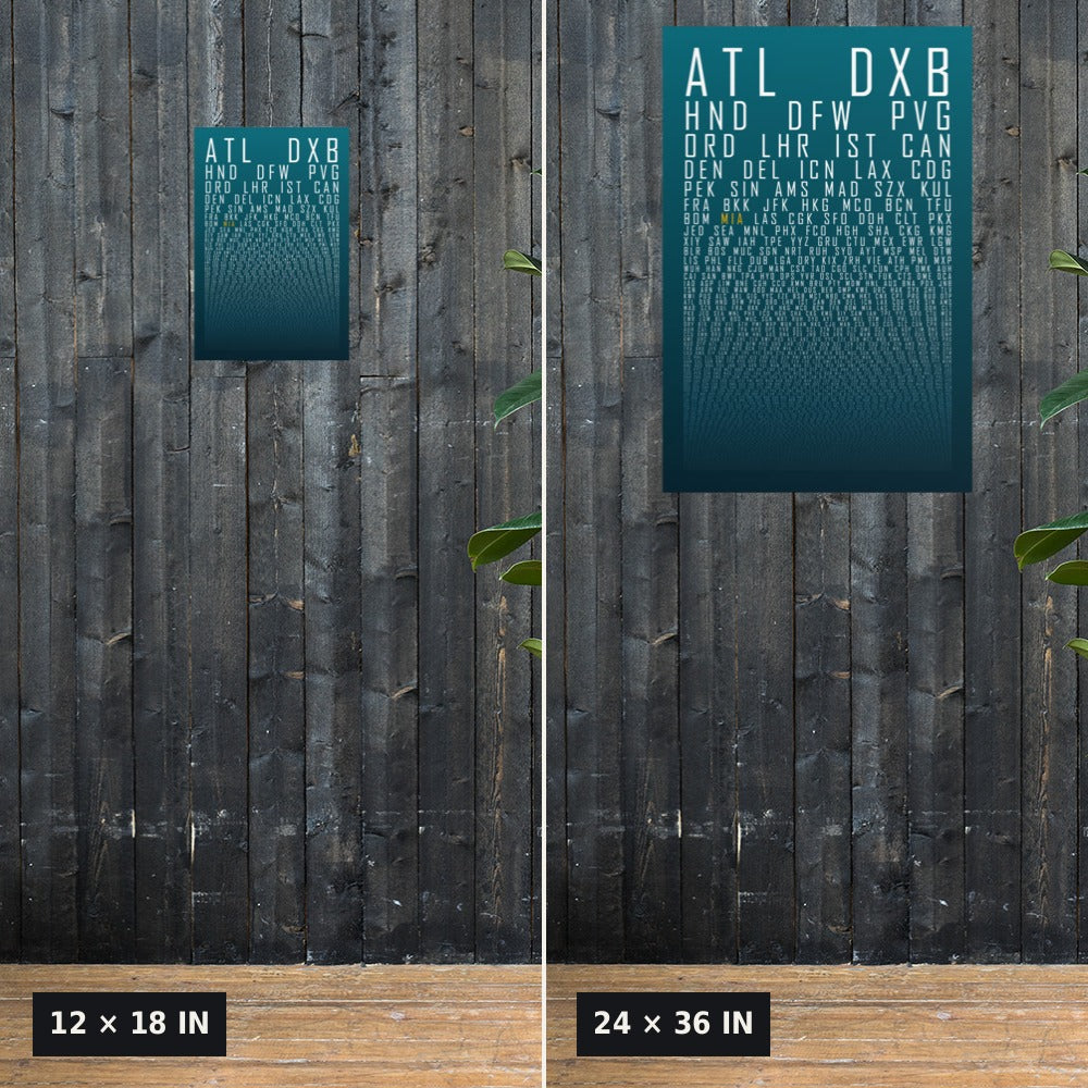 HUBS World's Busiest Airports poster, Teal Ink, 12x18 vs 24x36 size comparison on a dark wood wall