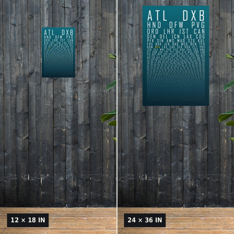 HUBS World's Busiest Airports poster, Teal Ink, 12x18 vs 24x36 size comparison on a dark wood wall