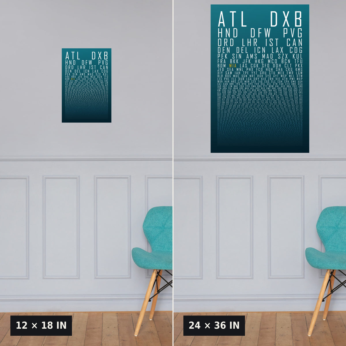 HUBS World's Busiest Airports poster, Teal Ink, 12x18 vs 24x36 size comparison above wainscoting