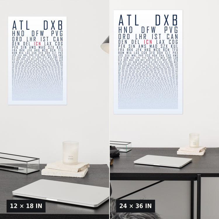 HUBS World's Busiest Airports poster, White Ice, 12x18 vs 24x36 size comparison above a desk