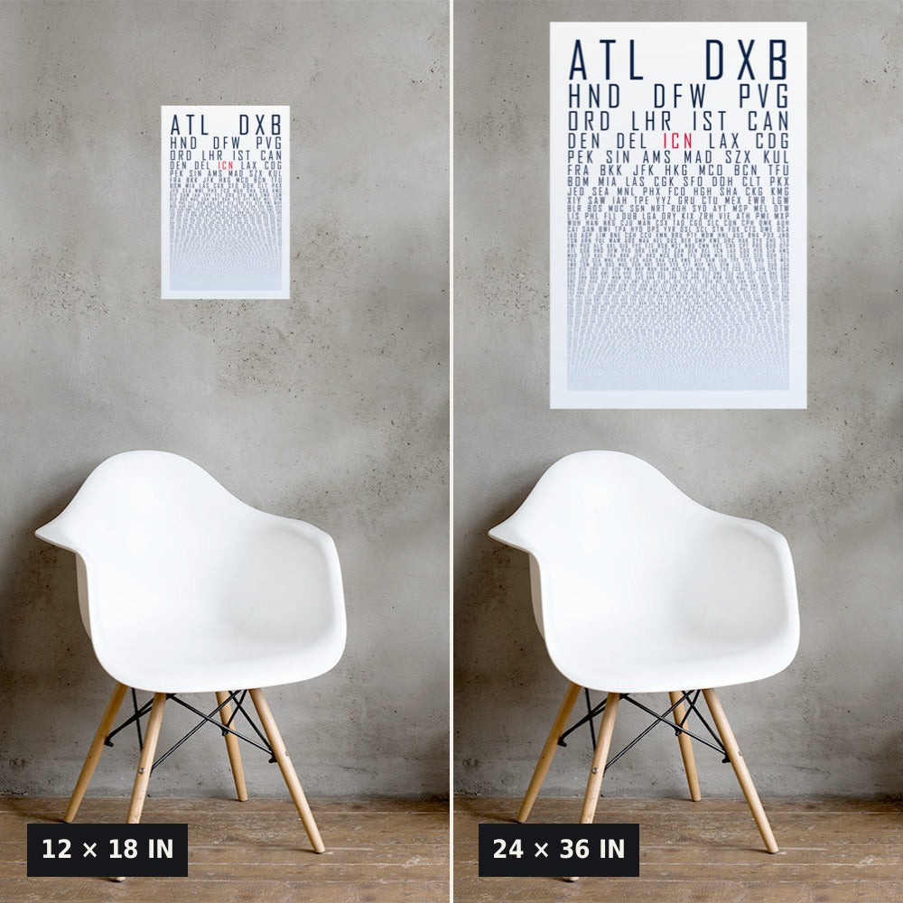 HUBS World's Busiest Airports poster, White Ice, 12x18 vs 24x36 size comparison on a concrete wall